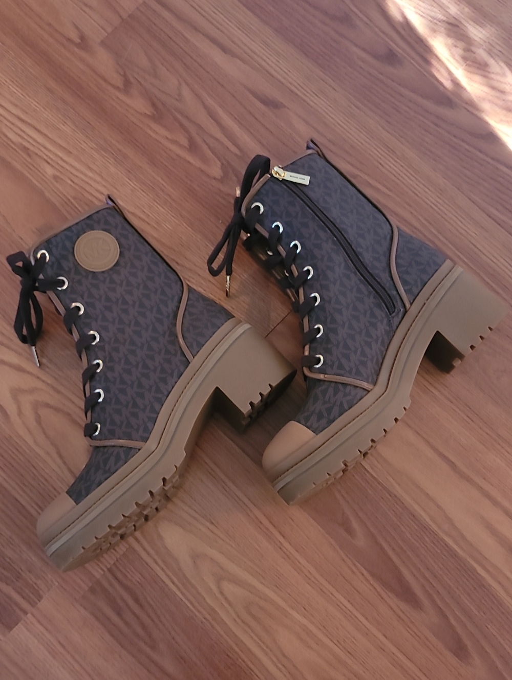 Michael Kors Brown Logo-Print Combat Boots Leather 8.5 NEW